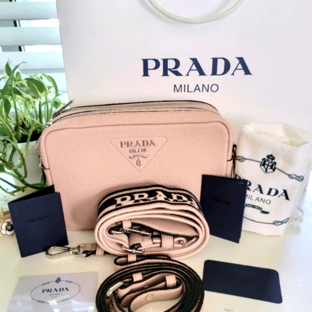 PRADA DOUBLE ZIPPER CROSSBODY BAG, available in gray & pink, comes with 2 straps